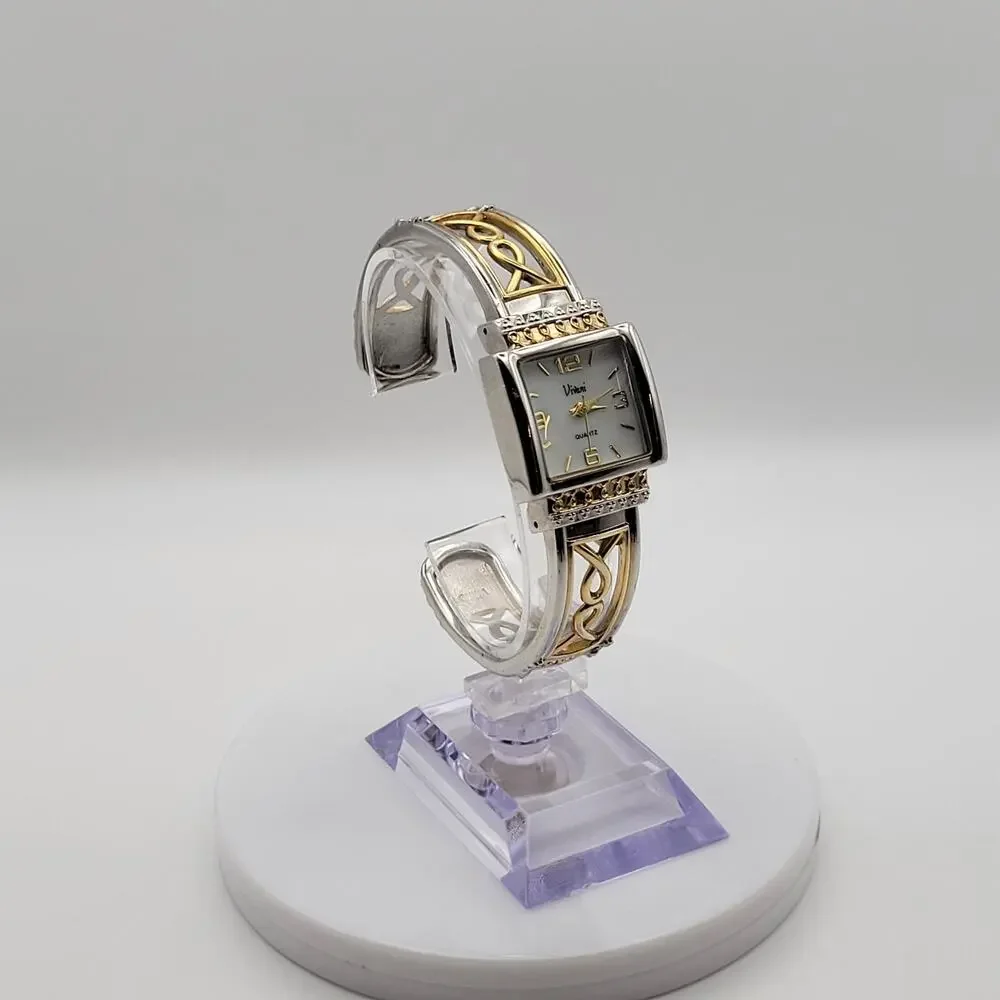 Vivani Women's Bangle Watch Two Tone Silver Gold Celtic Filigree Square Dial
